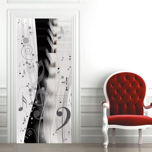 Adesivi per Porte Note Musicali Adesivo Porta Interna In Bianco e Nero 3D Pellicola Adesiva Carta Da Parati Soggiorno Bagno Autoadesivo Porta Murale Decorazione 85x200 cm M0459