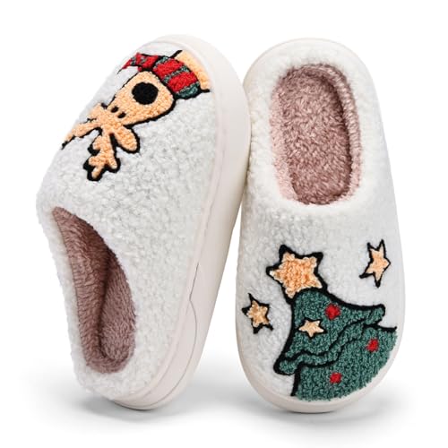 IceUnicorn Kids Slippers Boys Girls Warm Soft Plush Memory Foam House Slippers Big Little Kids Non-Slip Winter Home Shoes for Indoor Outdoor(White/Green 30/31)