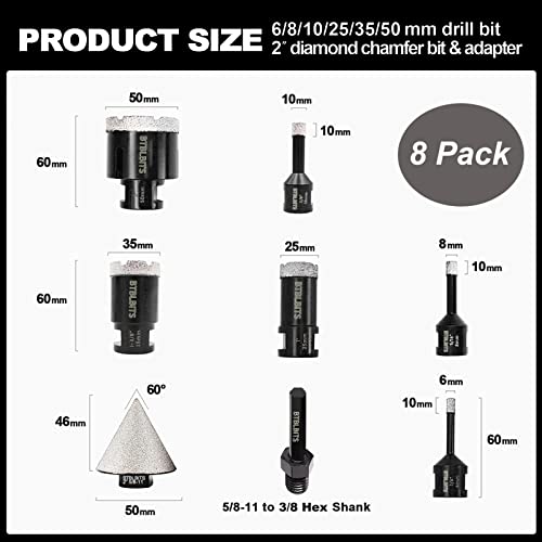 Btblbits Diamond Core Drill Bits Set - 8Pcs Tile Hole Saw Kit 6/8/10/25/35/50Mm With 2" Diamond Beveling Chamfer Bits And Hex Shank Adapter For Porcelain Ceramic Tile Granite Marble Stone #TOP1