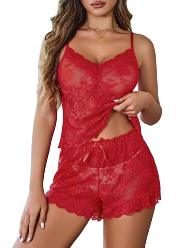 Image of Avidlove Sexy Pajama Set for Women Floral Lace Lingerie Set Sheer Sleepwear See Through Cami Shorts 2 Piece