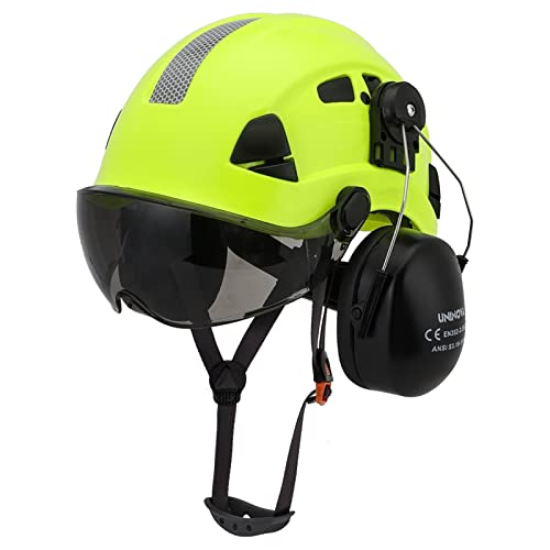 UNINOVA Hard Hat Ear Protection and Visor ANSI Z89.1 Vented ABS Forestry Arborist Tree Climbing Construction Helmet Ear Protection(S91 1-Lime+Smoked+Earmuff)