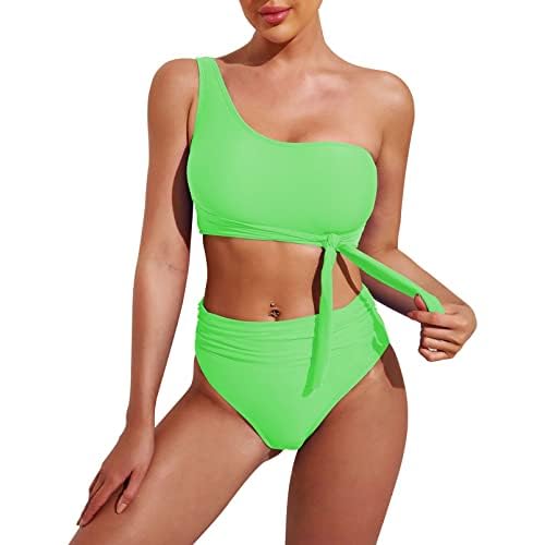 Pink Queen Women's One Shoulder High Waisted Bikini Set Two Piece Tie Ruched Swimsuit Small Light Green