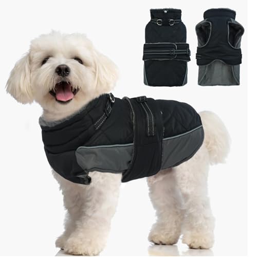 Katzinst Hund Mantel S, Fleece Hunde Wintermantel mit Geschirr und Reflektierenden Streifen, Hundemantel mit Bauchschutz für Kleine Hunde, Warmer Hundemantel für Zwergschnauzer, Schwarz，S