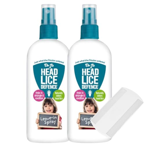 Dr J’s Head Lice Repellent Spray for Kids – 2 x 150ml Leave-in Conditioning Lice Prevention with Premium Nit Comb – Tea Tree & Lemon Eucalyptus – Daily Anti Lice Hair Spray for Children and Families