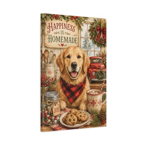 Art mural aquarelle Golden Retriever Noël | Toile verticale pour coin repas