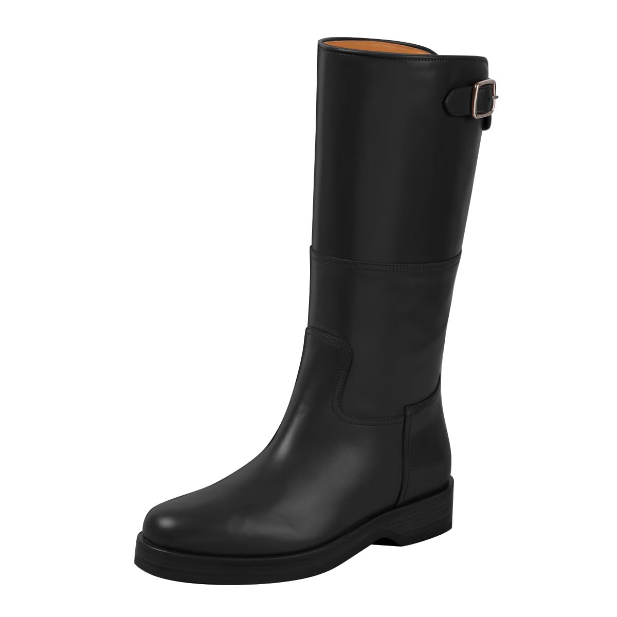 FOWT Women Round Toe Mid Calf Boots Pull on Wide Low Heeled Boots Casual Buckle Cowgirl Western Shoes