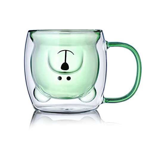 Double Wall Glass Bear Mugs 8.5Oz,Insulated Green Cute Bear Cups With Handle,Glass Milk Coffee Mugs For Valentine's Day Birthday Gifts #TOP7