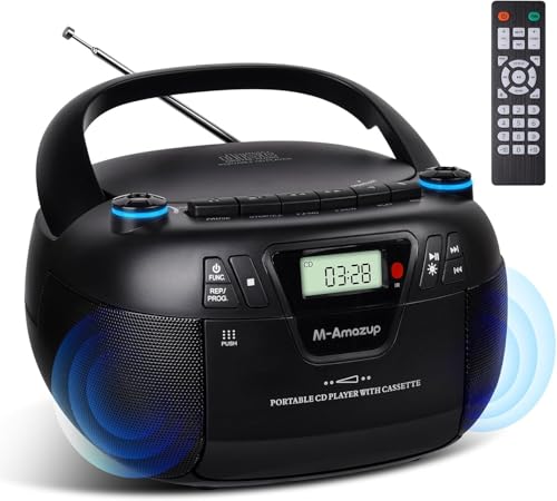 Boombox CD Player Portable Cassette Player with CD MP3 Bluetooth AUX TF/USB AM/FM Radio AC/DC Powered with Remote Control, Headphone Jack, Stereo Sound for Home,Gift (Black)