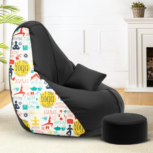 Image of Amazon Brand - Solimo Premium Faux Leather Bean Bag Combo with Footrest & Cushion, Filled with Beans | Capacity: Upto 6 Ft 3 in Height, 120 KG Weight | 4XL | Yoga se Hoga | Black