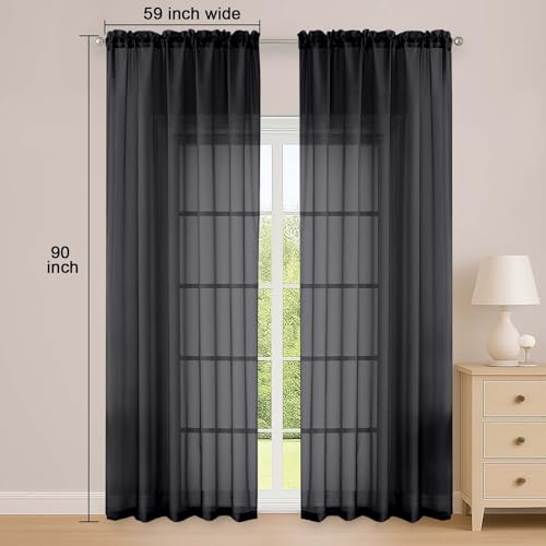 Image of OWENIE Black Sheer Curtain 90 Inches Long 2 Panels Set, Solid Filmy Drapes for Living Room Bedroom, Elegant Window Voile Sheer Curtain Panels Drapes, 2 Pcs, Each 59W x 90L Inch