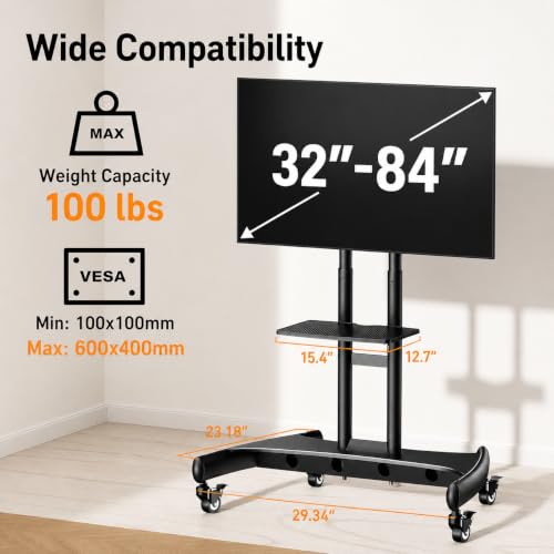 Perlegear Rolling TV Stand for 32-84 Inch TV, Mobile TV Cart up to 100lbs, Adjustable Height Outdoor TV Cart with Heavy-Duty Base, VESA 600x400mm, Portable TV Stand on Wheels for Livingroom PGTVMC05-1 - Image 2