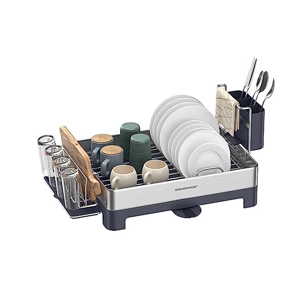 SONGMICS Dish Drying Rack, Stainless Steel Dish Rack with Rotatable Spout, Drainboard, Fingerprint-Resistant Dish Drainers for Kitchen Counter, 12.5 x 22.5 in, Silver and Gray UKCS030E01