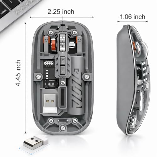 Image of PhT2105 Slim Wireless Mouse with Transparent Cover, 2.4GHz and Dual Bluetooth, Rechargeable, Adjustable DPI, LED for Laptop, PC and Tablet, Grey BTWMOUSE