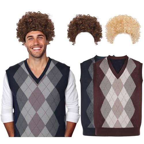 Cotwinter 2 Pcs Halloween Cosplay Costume Set Afro Fluffy Wigs Pullover Knitwear Vests for Men Women Cosplay Disco Hippie (L)