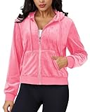 MAGCOMSEN Velvet Hoodie Crop Women Long Sleeve Velour Tops Trendy Warm Zip Up Jacket with Pockets Fluorescent Pink XL