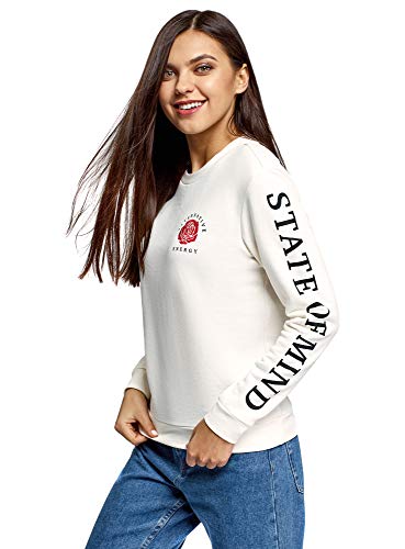 oodji Ultra Mujer Sudadera Básica de Algodón, Blanco, ES 36 / XS