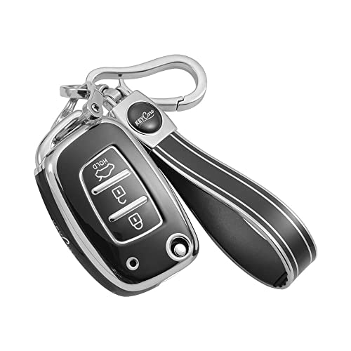 Image of Keycare TPU Key Cover & Keychain fit for: Hyundai i20, Creta, Venue, Tucson, Alcazar, Grand i10, Alcazar, Aura, Xcent flip Key (Silver Black + Silver Black Keychain)