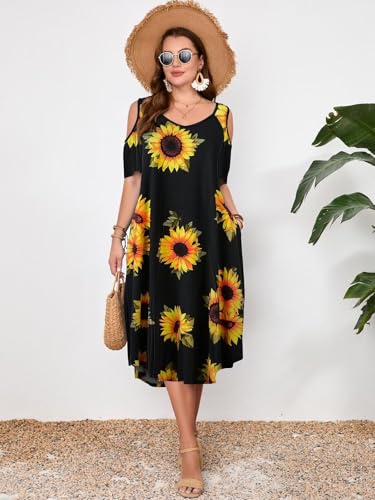 Image of LARACE Plus Size Women Dress for Summer, Midi Women's Sundress, Casual V-Neck Short Sleeve Flowy T-Shirt Dresses with Pockets