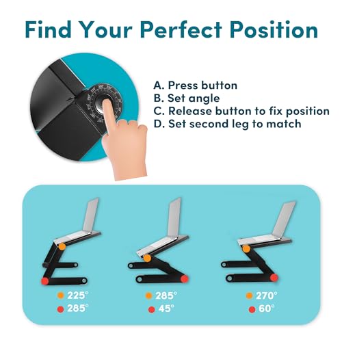 Adjustable Lap Desk Lap Stand, Portable Laptop Desk Ergonomic Table Stand with 2 Cooling Fans, Detachable Mouse Pad, TV Bed Lap Tray, Aluminum Standing Desk Laptop Holder Desk for Office, Bed and Sofa