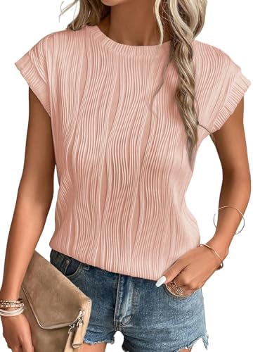 EVALESS Womens Short Sleeve Textured Tops Crewneck Knit Solid Casual T Shirts Ladies Loose Basic Tee Blouses