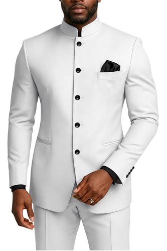 TIJOFA 2 Piece Mens African Safari Suits Chinese Suit for Men White Wedding Slim Fit Men White Stand Collar Chinese Tunic Suit Dress Business Formal Grooms Evening Suits XXS