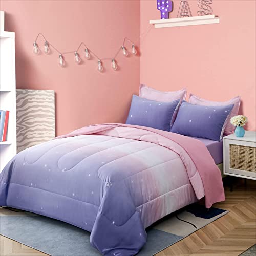 Girls Comforter Set Twin Size Pink Purple Ombre Comforter 6 Pieces Rainbow Bedding Set Ultra Soft Microfiber Comforter And Sheet Sets For All Season #TOP1