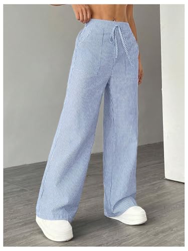 Women's Striped Wide Leg Pants Knot Front High Waisted Baggy Casual Lounge Boxer Pants2