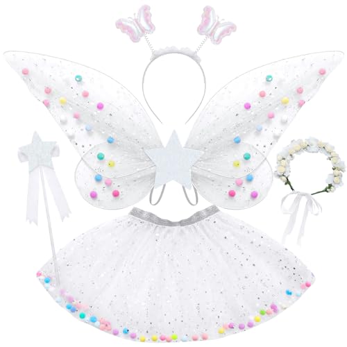 Tacobear Feenkostüm Mädchen Kinder Schmetterlingflügel Fee Kostüm Set Mädchen Tutu Wings Feenkleid Zauberstab Haarreif Halloween Party Prinzessin Feen Flügel Kostüm Kinder 3 4 5 6 7 8 Jahre