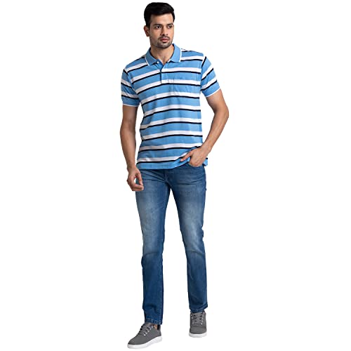 Image of Colorplus Men's Pure Cotton Stripe Pattern Tailored Fit Polo Neck Half Sleeve Casual T-Shirt