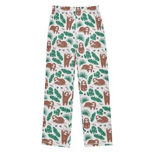 Sloth Palm Leaf Print Boys Long Pants Soft Trousers Elastic Waist Kids Lounge Bottoms with Pockets S-XL