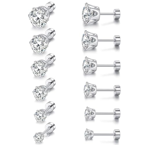 VOLUKA Cubic Zirconia Stainless Steel Screw Flat Back Earring - Hypoallergenic Stud Earrings for Women & Men - 316L Titanium CZ Stud Earrings for Nickel-Free, Trendy & Elegant