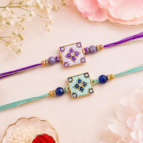 Image of Jaipur Ace Rakhi Gift Hamper for Bhaiya Bhabhi with Silver Plated Bowl Set, Pooja Thali, 2 Designer Rakhis, Roli Chawal, Raksha Bandhan Gift Set for Brother Bhabhi, Premium Rakhi Combo with Red Velvet Box