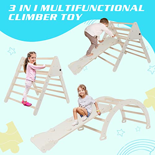 NAVINE 3 in 1 Foldable Triangle Ladder, Pikler Triangle Climber with Ramp, Sturdy Wooden Toddler Climbing Toys for Toddlers 1-3. with Climbing Triangle/Arch/ramp.Burlywood - Thumbnail 3
