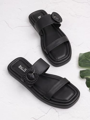 Image of Inc.5 Womens Black Solid Open Toe Casual Slip-on Flats Slide Sandal