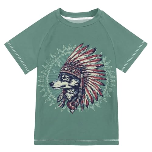 Western Tribal Wolf Green Bathing Suit Kids Sun Protection Rashguard Girls Swimwears Volleyball Shirts for Little Boys 9-10Y