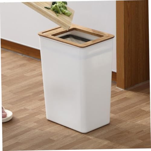 Bote de basura minimalista con tapa de madera blanco rectangular miniatura 6
