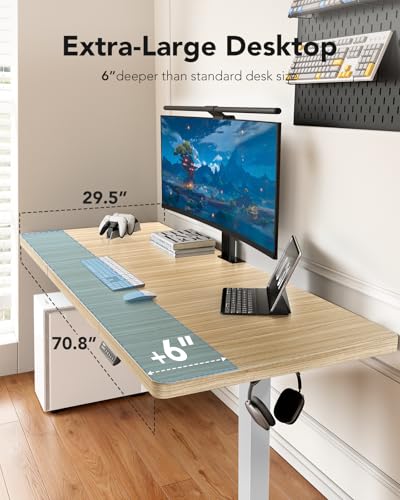 Image of HUANUO 71 x 30 inch Electric Standing Desk, Powerful Brushless Motor Large Height Adjustable Table, 4 Memory Preset Sit Stand Up Desk, Home Office Computer Table with Thick T-Shaped Frame, Natural