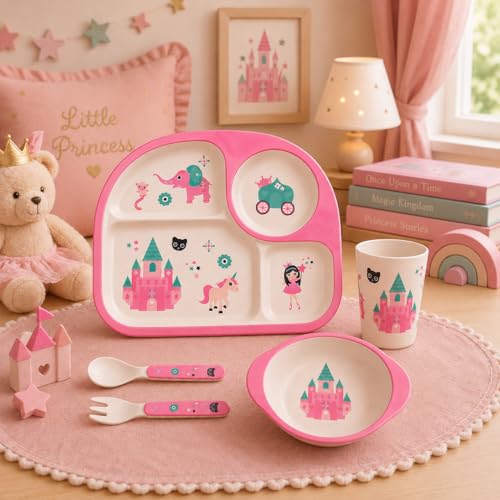 Image of Bamboo Kids Feeding Set of 5| Kids Crockery Set Tableware |Baby Utensils and Dishes Set | Eco-Friendly |Organic & Natural (Princess' Castle)