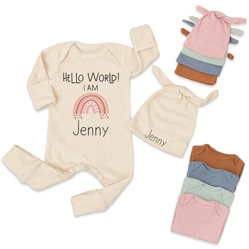 Hello World Personalized Newborn Coming Home Outfit - Custom Name Bodysuit and Hat Newborn Boys Girls 0-3 Months