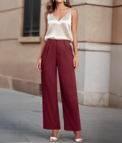Image of Feiersi Womens Casual Wide Leg Pants High Waisted Button Down Straight Long Trousers Palazzo Pants