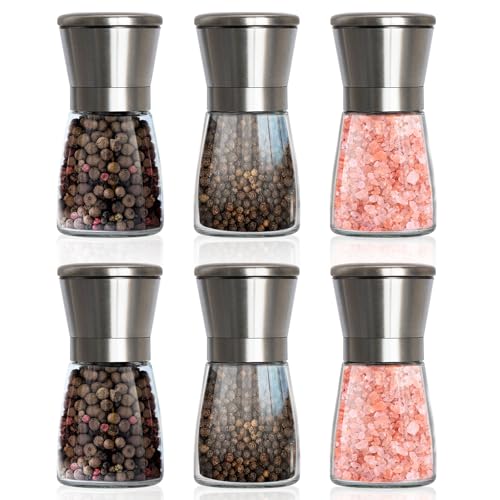 Shoze Gewürzmühle 6er Set Manuelle Edelstahl Salz und Pfeffermühle Set Transparent Keramikmahlwerk mit Abdeckung für Gewürzmahlen（Edelstahldeckel 180ML）