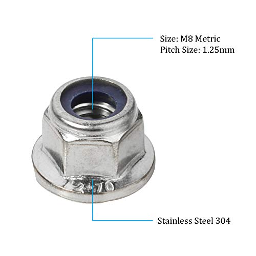 M8-1.25 Flange Nylon Insert Lock Nuts Flanged Locknuts, Din 6926, Stainless Steel 18-8 (304), Bright Finish, 10 Pcs #TOP2