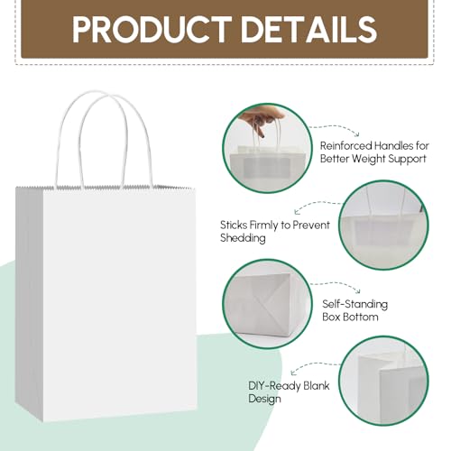 Qioxiou 60 Pack White Gift Bags 5.91x3.15x8.27 Small Kraft Paper Gift Bags with Handles Bulk, White Paper Sacks for Wedding Birthday Party Favor, Retail, Merchandise, Small Grocery, Shopping, Business — view 3