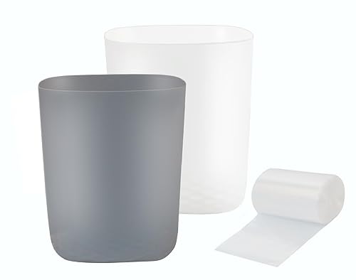 Bote de basura pequeño con 60 bolsas de basura, papelera de reciclaje de 2.5 galones para baño, dormitorio, oficina, cocina (2, blanco y gris)
