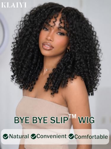 Image of KLAIYI Burmese Curly Bang Precut 7x5 Lace Wig Human Hair Finger Ends 24Inch | Bye Bye Slip Kinky Curly Glueless Lace Front Wig Drawstring Pre Plucked Bleached Knots 30S Ready to Wear and Go Beginner Wig
