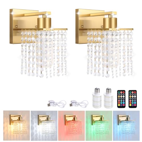 Image of Shenmoyl Set of 2 Crystal Battery Operated Wall Sconce,Rechargeable Wall Lamp with 5200mAh Battery & Remote Control, Modern Dimmable Wireless Wall Lights for Bedroom Bathroom (Clear, Gold Base)