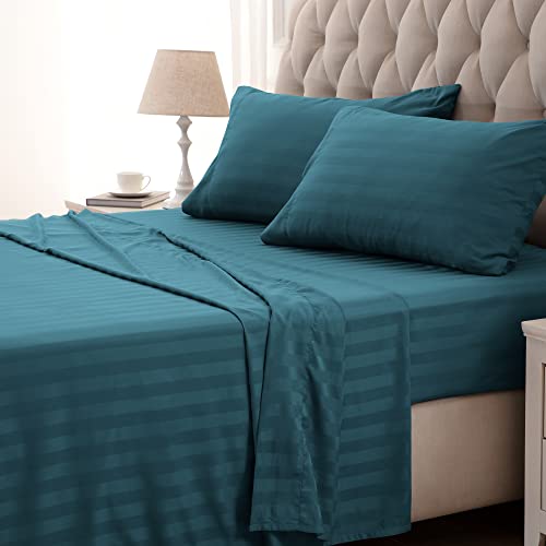 SLEEP ZONE Striped Cooling Queen Sheets Set - Fitted Flat Sheet & Pillowcase Sets 4 Piece - Super Soft Stripe Bed Sheet, Easy Care, Deep Pocket (Teal, Queen)
