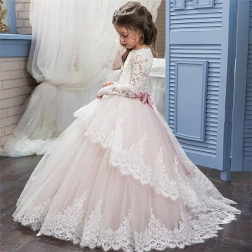 Princess Flower Girl Dresses for Wedding Appliques Tulle Pageant Dress Lace Party First Communion Long Sleeves Ball Gown2