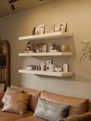 Image of 48-Inch Floating Shelves, Set of 3 Wall Mounted Storage Ledges, 12-Inch Deep Extra-Thick Solid Paulownia Wood Shelving for Kitchen, Living Room, Bedroom & Bathroom, White