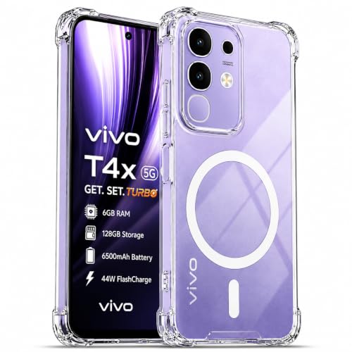 Image of Transparent Back Cover for Vivo T4x 5G | iQoo Z10x 5G | Vivo Y31 Pro 5G Cover Shockproof Side TPU Bumper & Back Pc Protective Magnetic Support Cover Case (Vivo T4x 5G)